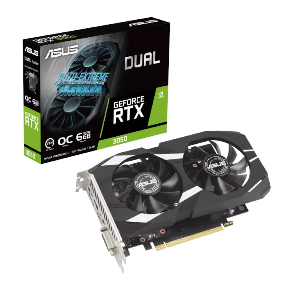 ASUS Dual GeForce RTX 3050 OC 6GB GDDR6 Gaming Graphics Card with dual fans and compact design for efficient performance.