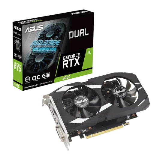 ASUS Dual GeForce RTX 3050 OC 6GB GDDR6 Gaming Graphics Card with dual fans and compact design for efficient performance.