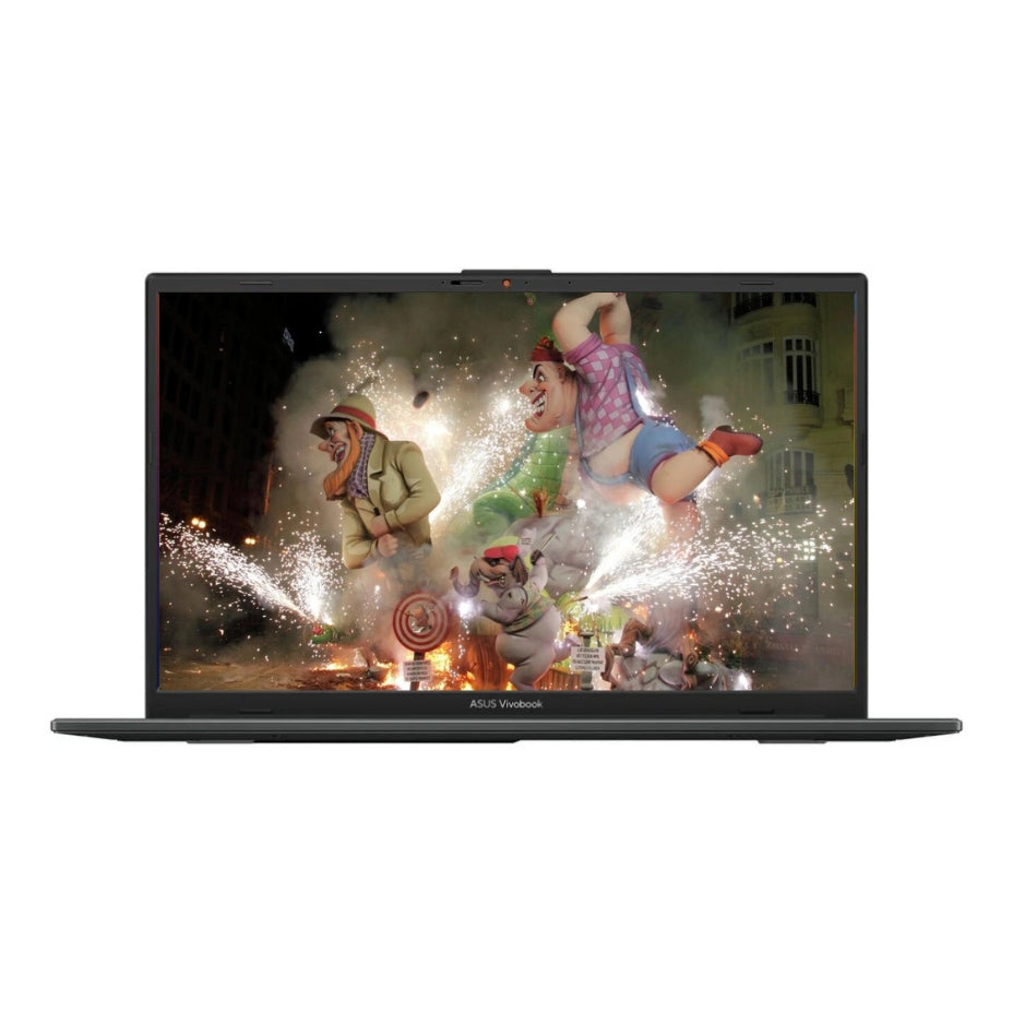 Laptop displaying a colorful scene with animated characters on a white background