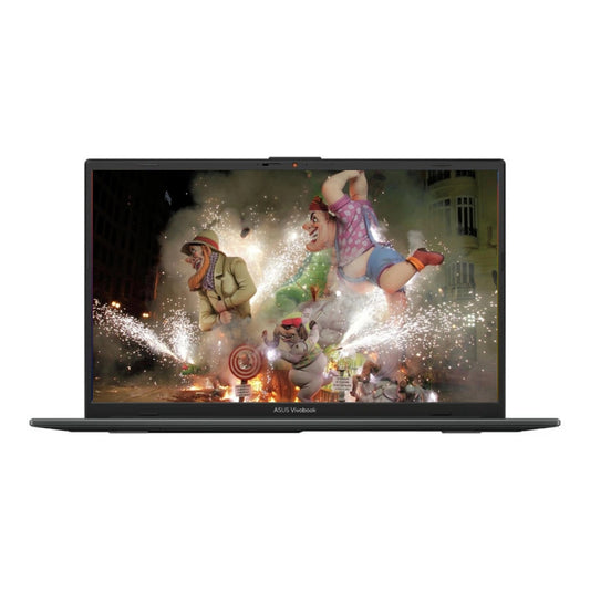 Laptop displaying a colorful scene with animated characters on a white background