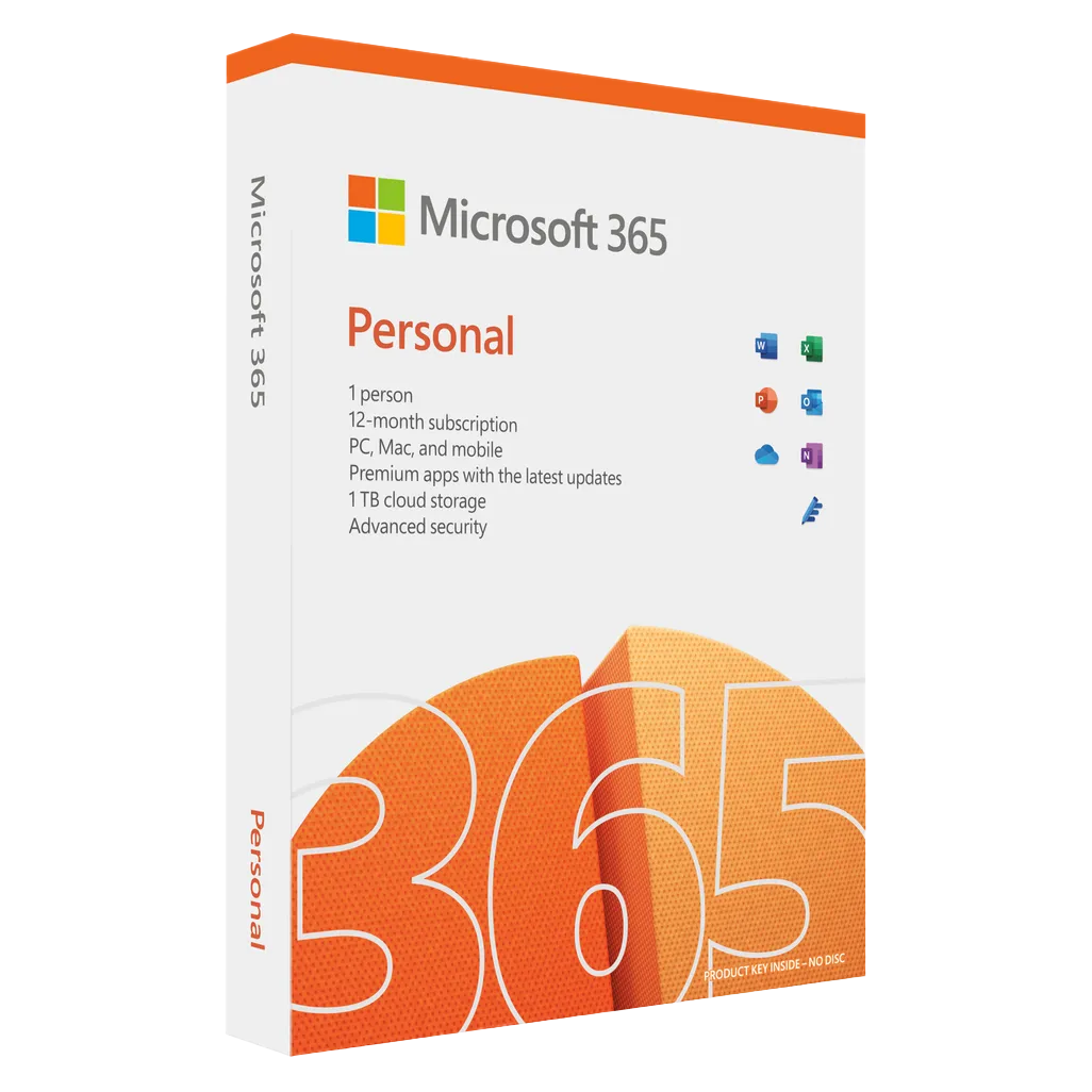 Microsoft 365 Personal software box cover shown at a slight angle on a white background, with Microsoft branding, orange accents, and product details printed on the front and spine.