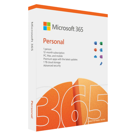 Microsoft 365 Personal software box cover shown at a slight angle on a white background, with Microsoft branding, orange accents, and product details printed on the front and spine.