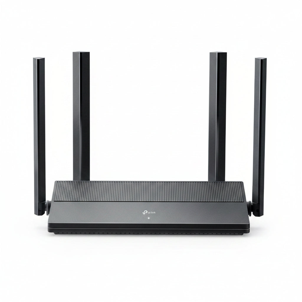 TP-Link wireless router with four external antennas, shown from a front-facing perspective on a solid white background.