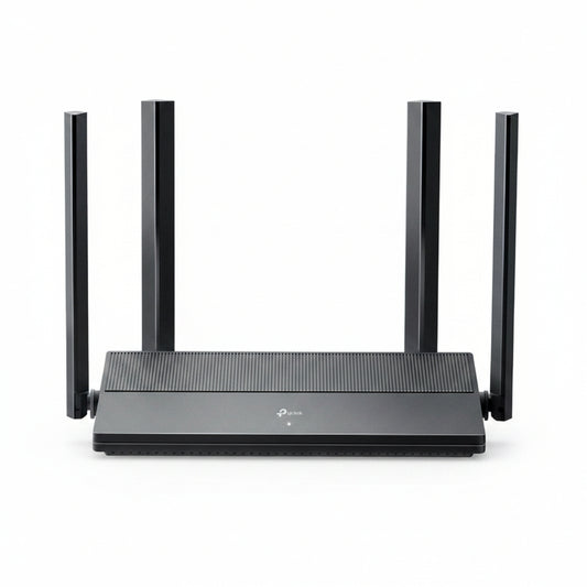TP-Link wireless router with four external antennas, shown from a front-facing perspective on a solid white background.