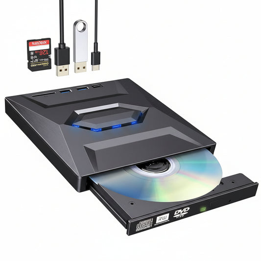 Front view of the slim M-Link EXT-DVDHUB external drive/hub unit.

