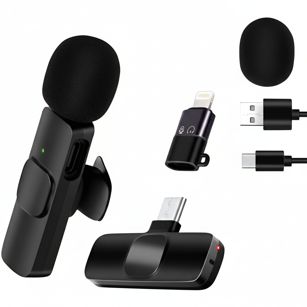 M-Link K8 2-in-1 wireless lavalier microphone set for Type-C and Lightning on a white background.

