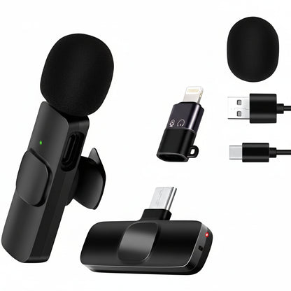 M-Link K8 2-in-1 wireless lavalier microphone set for Type-C and Lightning on a white background.

