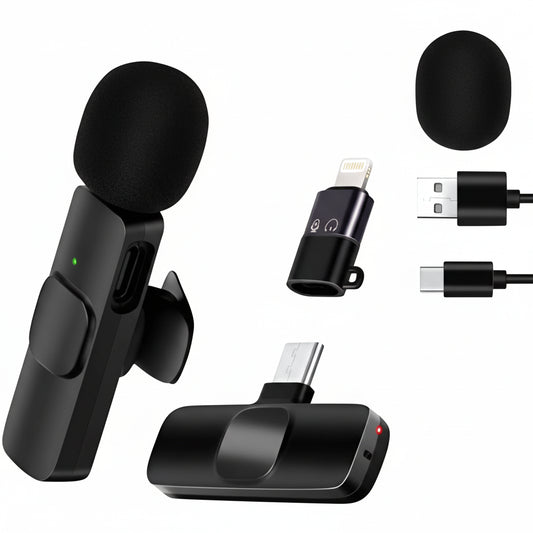 M-Link K8 2-in-1 wireless lavalier microphone set for Type-C and Lightning on a white background.

