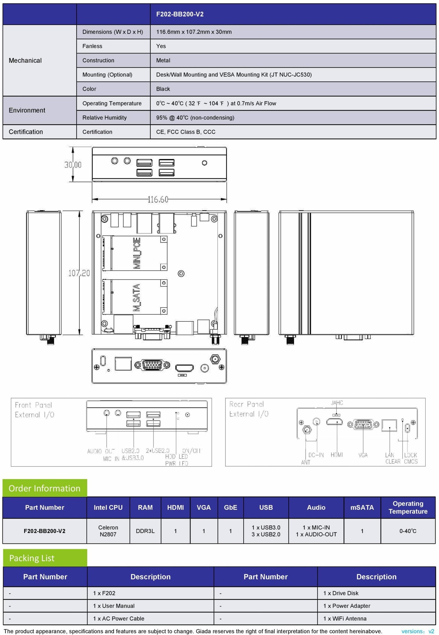 Giada F202 Fanless Celeron N2807 2GB 1xVGA|1xHDMI