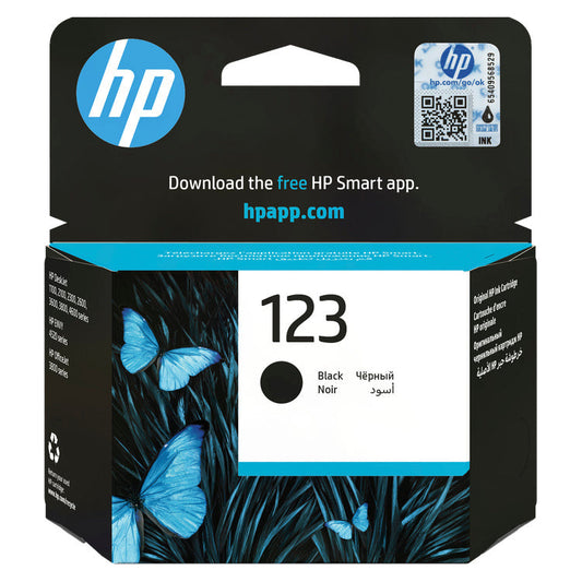 HP 123 Black Original Ink Cartridge (F6V17AE) — retail packaging