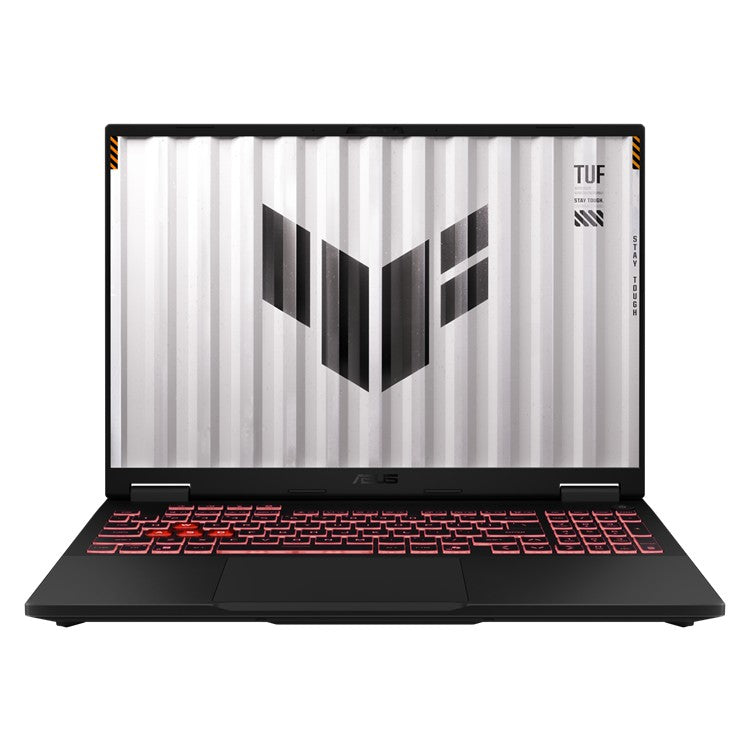 ASUS TUF Gaming A16 front view with 16-inch display and RGB keyboard