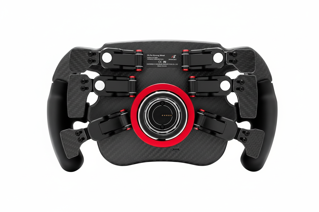 The wheel displayed at an angle, highlighting the 5mm carbon fiber faceplate.

