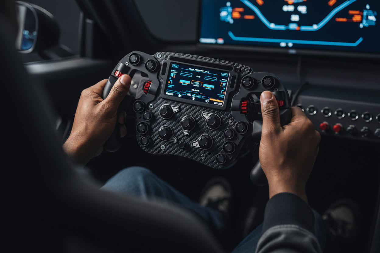Context image of the wheel mounted on a professional sim racing rig in competition use.

