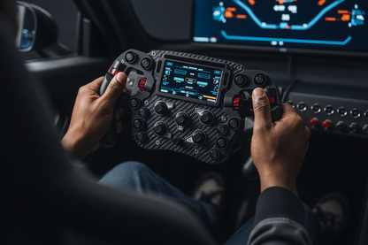 Context image of the wheel mounted on a professional sim racing rig in competition use.

