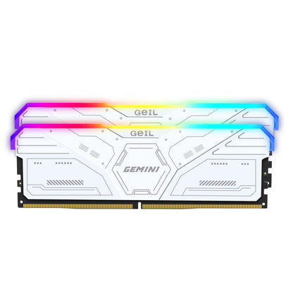 GeiL Gemini RGB 32GB KIT(2X16GB) 6000MHz DDR5 Desktop Gaming Memory - White with stunning RGB lighting.
