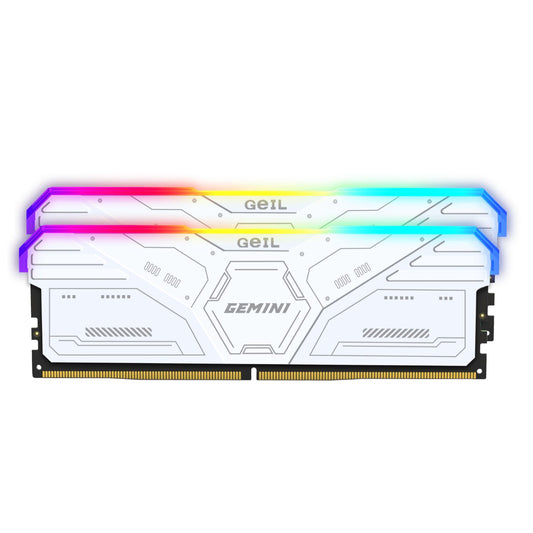 GeiL Gemini RGB 32GB KIT(2X16GB) 6000MHz DDR5 Desktop Gaming Memory - White with stunning RGB lighting.