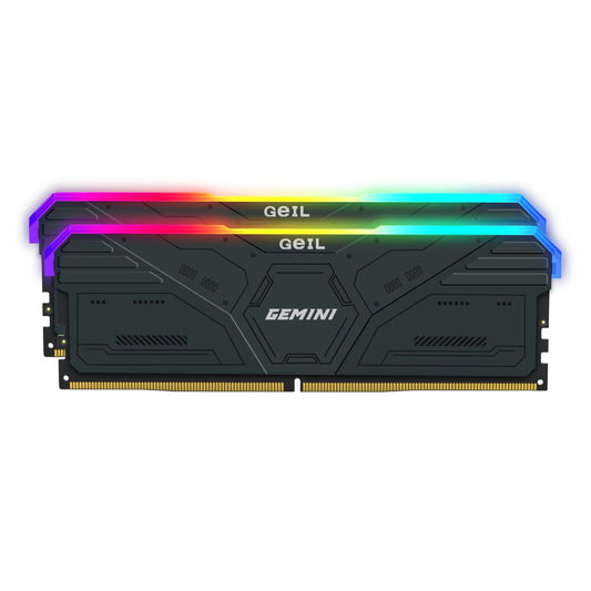 Geil Gemini RGB 32GB KIT(2X16GB) 6000MHz DDR5 Desktop Gaming Memory - Grey with vibrant RGB lighting for gamers.