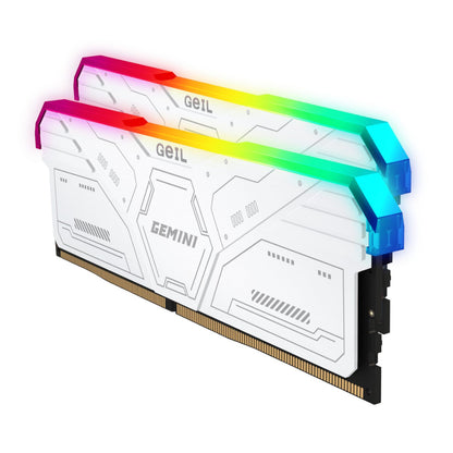GeiL Gemini RGB 32GB KIT(2X16GB) 6000MHz DDR5 Desktop Gaming Memory - White with vibrant RGB lighting for AMD systems.