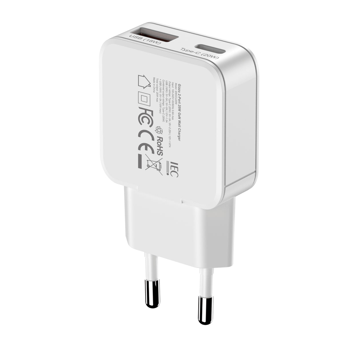 Gizzu 2-Port 20W GaN Wall Charger USB-C PD Fast Dual Port Travel Adapter Compact