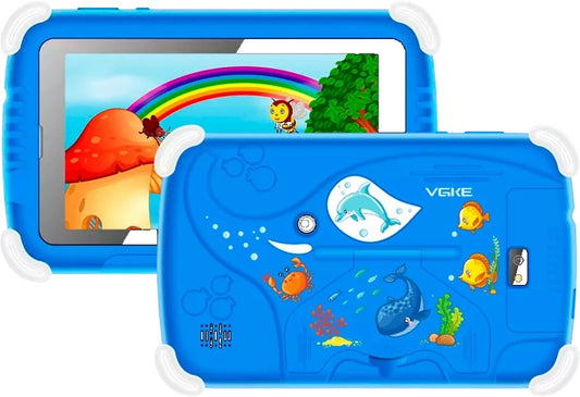 Children's educational tablet with cartoon designs on a white background
