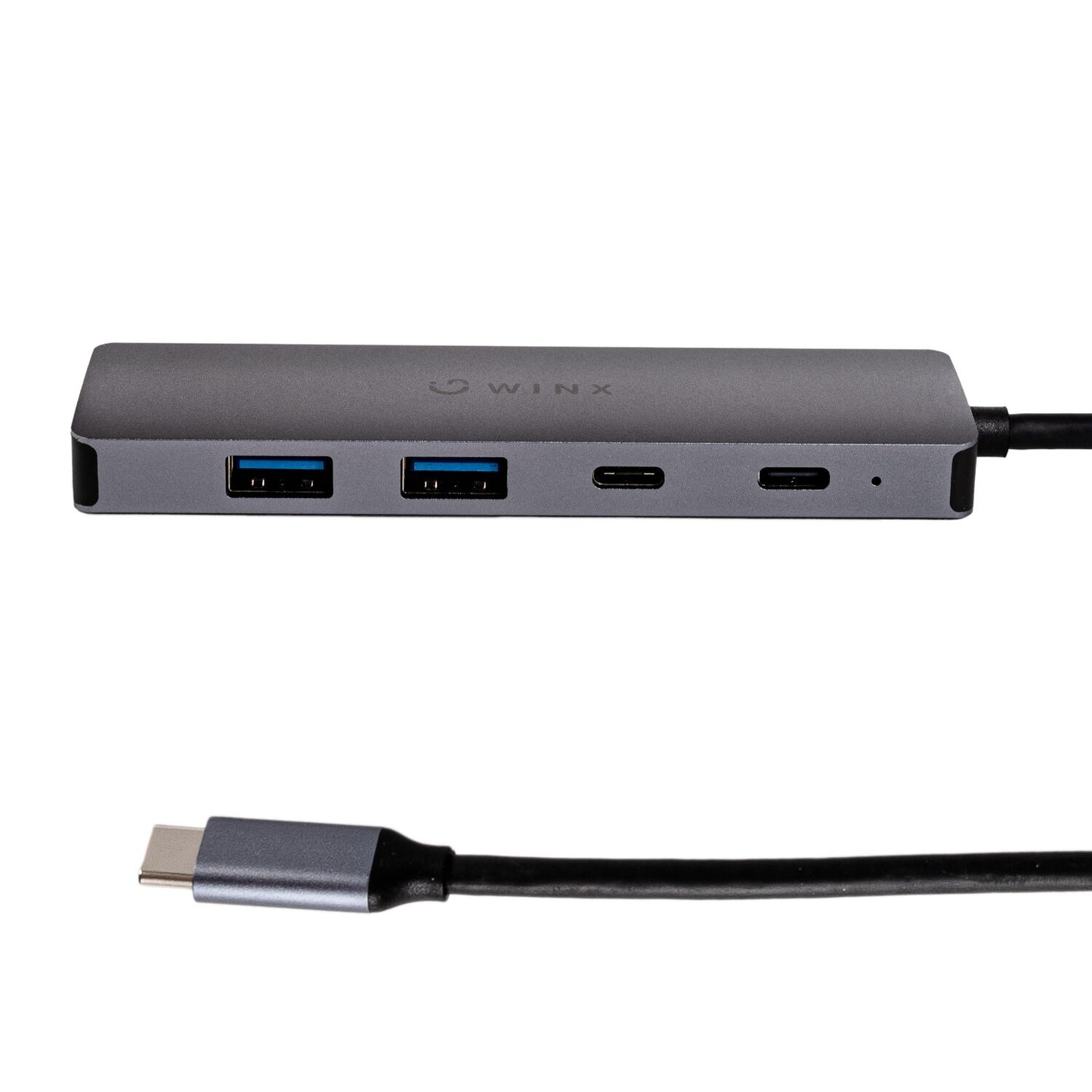 A gray WINX CONNECT Essential 5-in-1 Type-C Hub with multiple ports, including HDMI, USB, and Type-C, displayed on a white background.