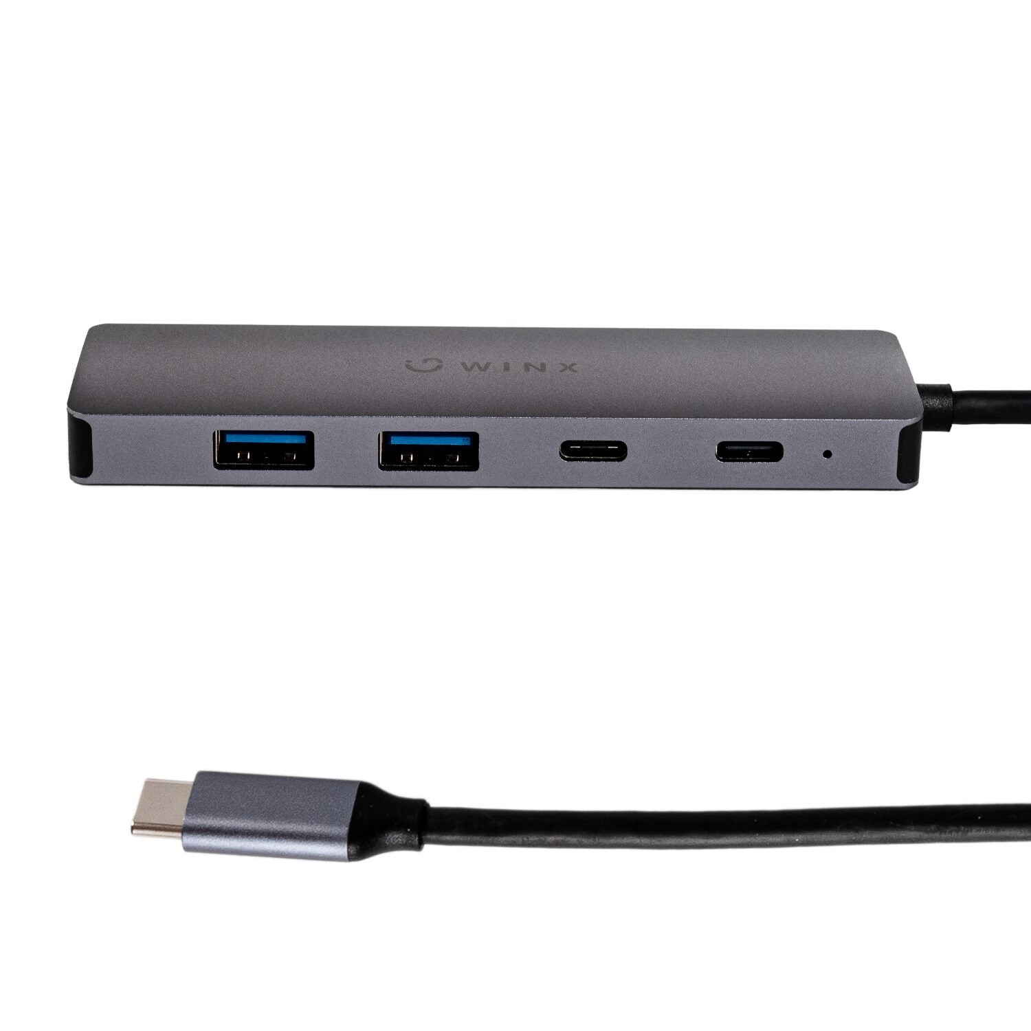A gray WINX CONNECT Essential 5-in-1 Type-C Hub with multiple ports, including HDMI, USB, and Type-C, displayed on a white background.