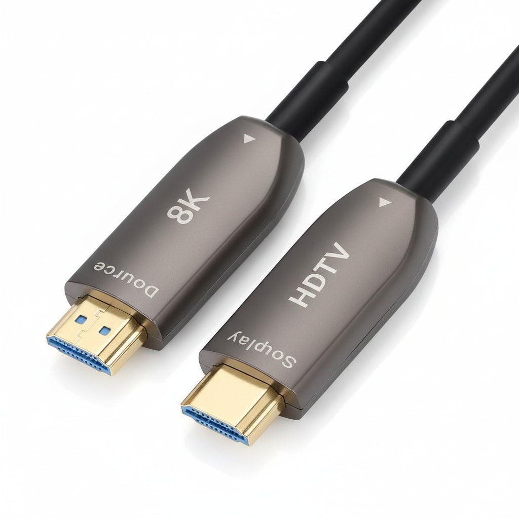 M-Link 10-meter fiber optic HDMI 2.1 cable coiled on a white background.


