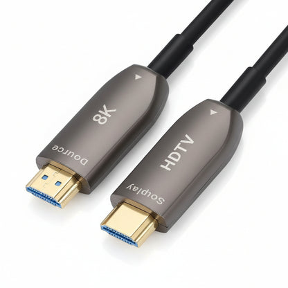 M-Link 10-meter fiber optic HDMI 2.1 cable coiled on a white background.

