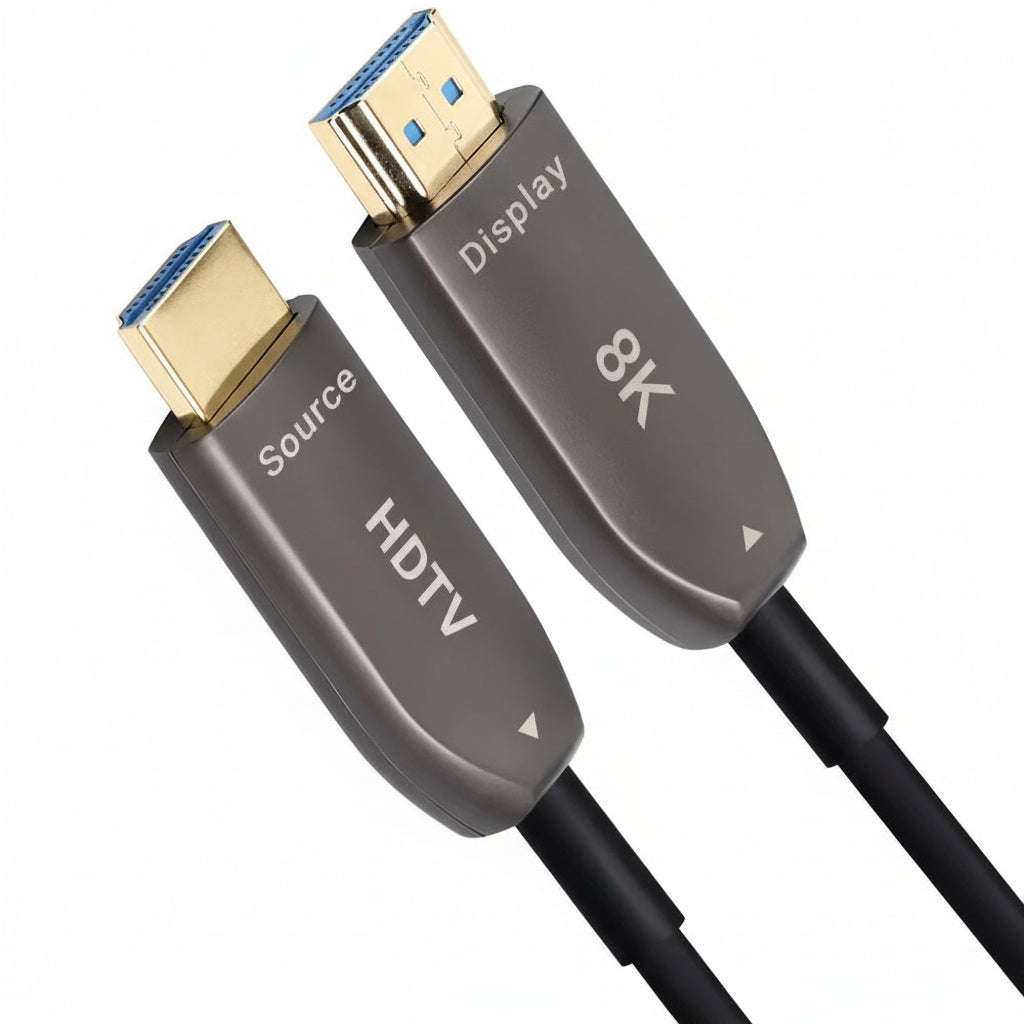 M-Link 15-meter fiber optic HDMI 2.1 cable coiled on a white background.

