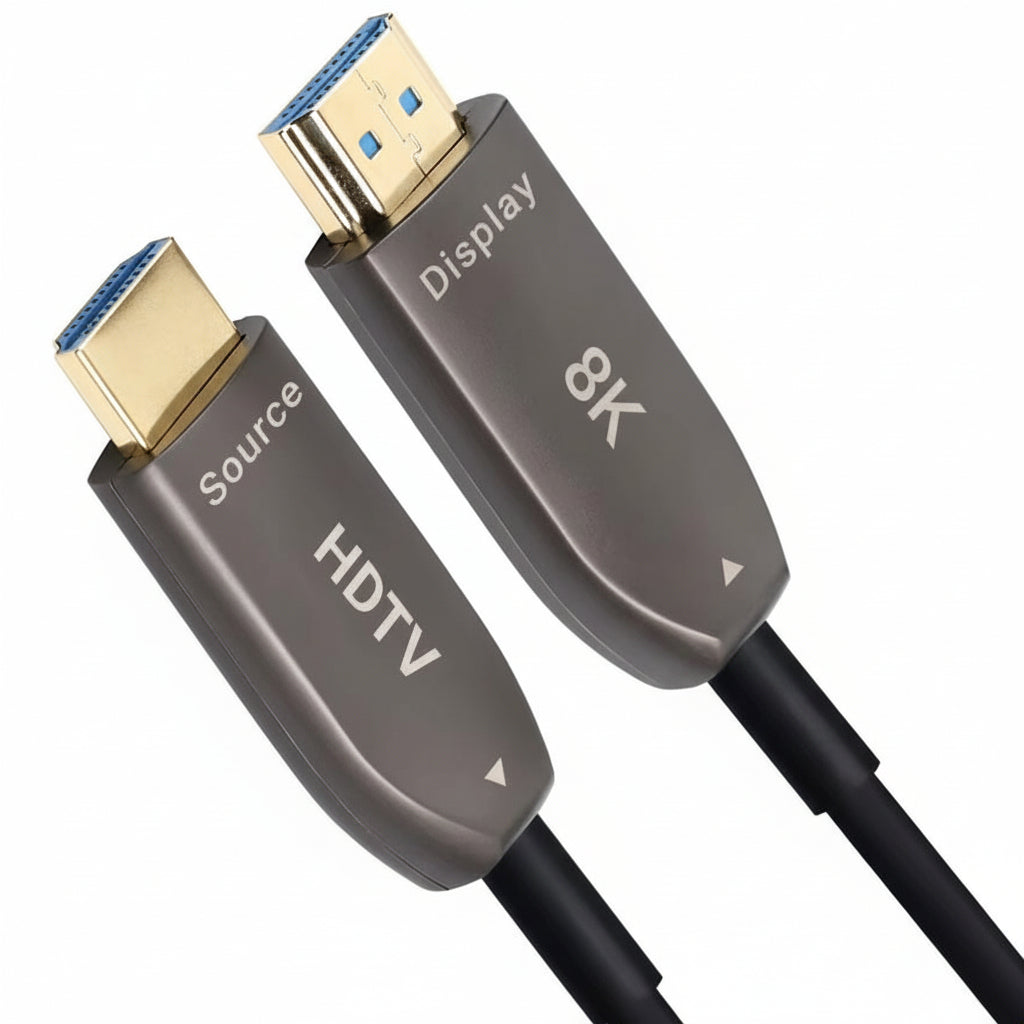 M-Link 25-meter fiber optic HDMI 2.1 cable coiled on a white background.

