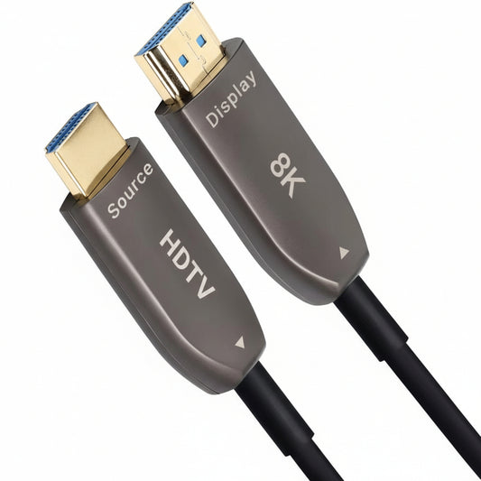 M-Link 5-meter fiber optic HDMI 2.1 cable coiled on a white background.


