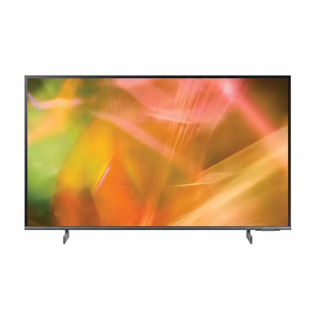 Front view of Samsung HAU8000 43-inch hotel TV with a flat lift stand.

