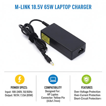 M-Link 18.5V 65W Yellow Pin Laptop Charger for HP 4.8x1.7mm AC Power Adapter