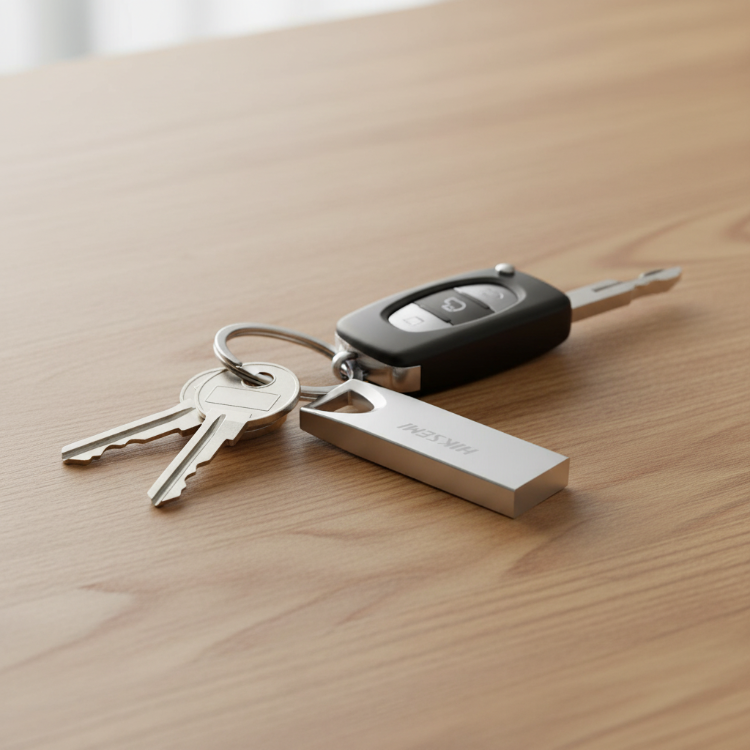 A silver metal keychain tool with a small rectangular blade and keyring, shown alongside a car key fob and keys on a light wood tabletop.