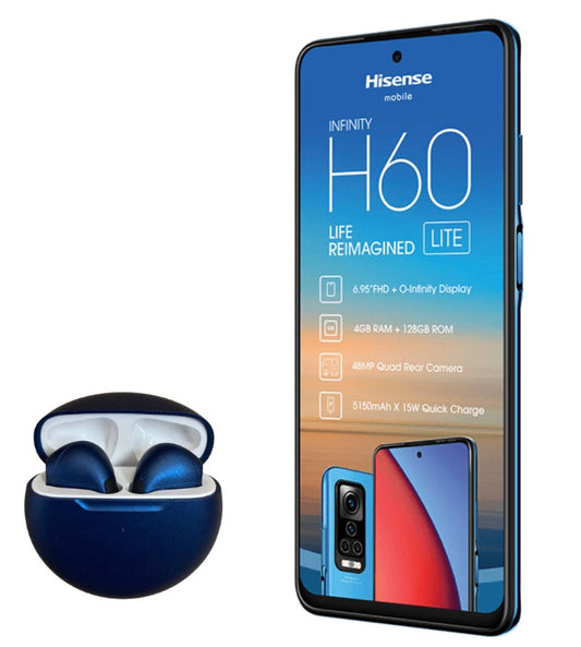 Hisense Infinity H60 Lite Smartphone Bundle with 6.95" FHD+ Display and Wireless Blue Earbuds