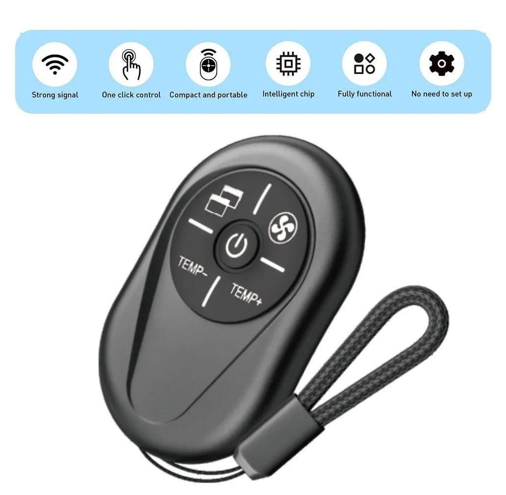 The remote's 7-button layout (Power, Temp +/-, Mode, Fan Speed).


