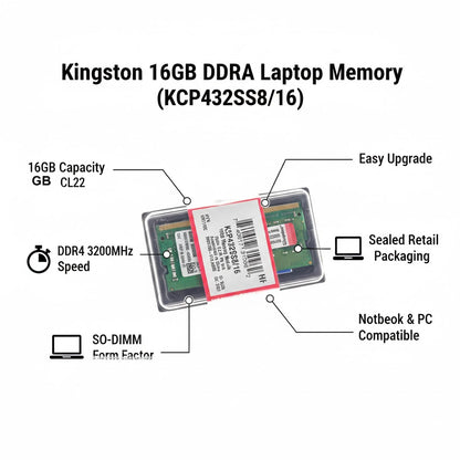 Kingston 16GB DDR4 3200MHz Laptop Memory RAM SO-DIMM CL22 Notebook Upgrade
