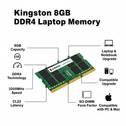Kingston 8GB DDR4 3200MHz Laptop Memory RAM SO-DIMM CL22 Notebook Upgrade