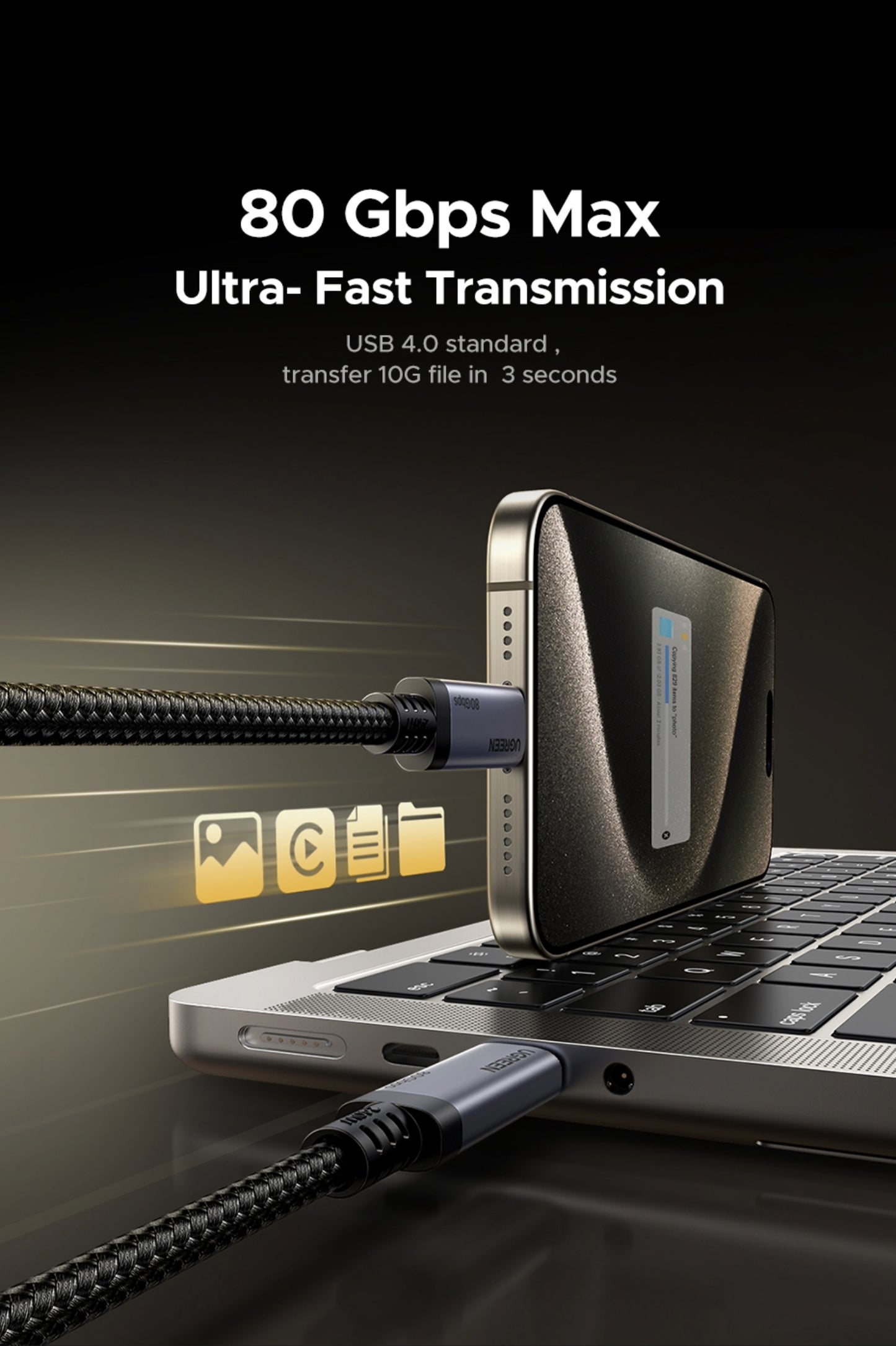 UGREEN USB4 Gen4 240W USB-C to USB-C Cable 80Gbps 16K PD 3.1 1m Black