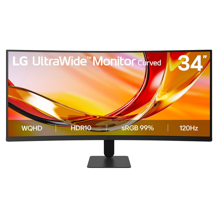 LG UltraWide 34U601B-B.AFBQ 34-inch curved WQHD monitor – front view with stand and feature display