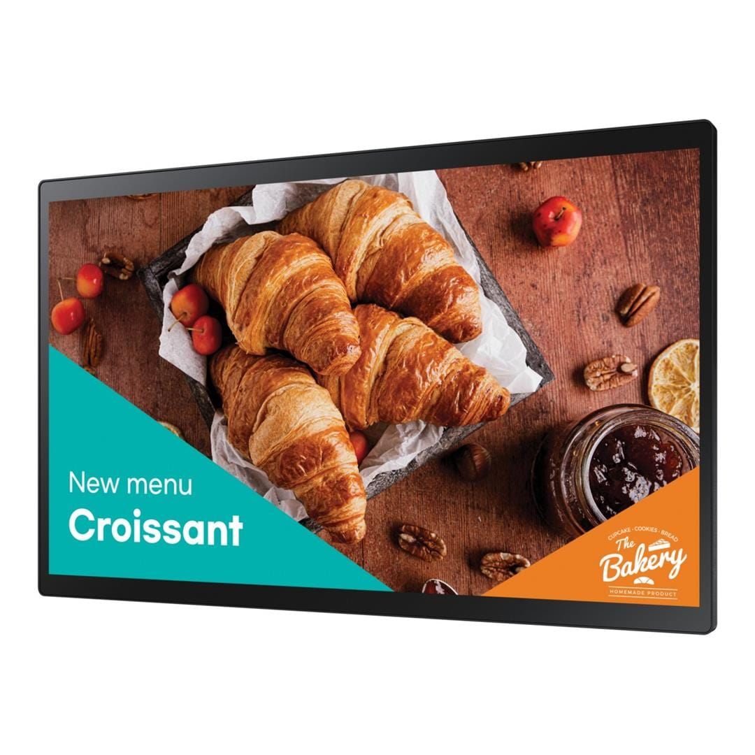 Display showing interactive home screen UI.

