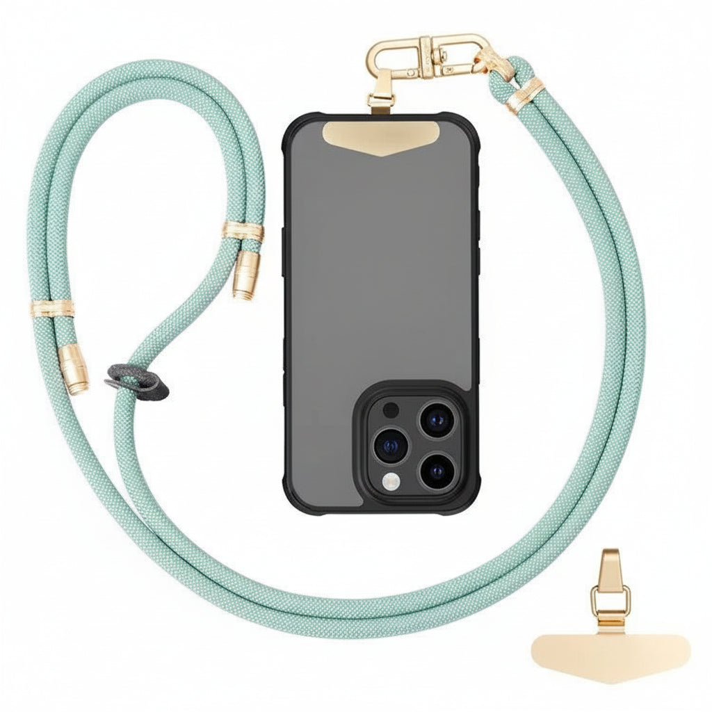 The mint M-Link lanyard with climbing rope design laid out flat.

