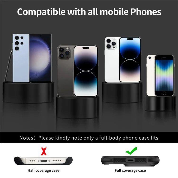 A smartphone in a clear case with the mint lanyard attached.

