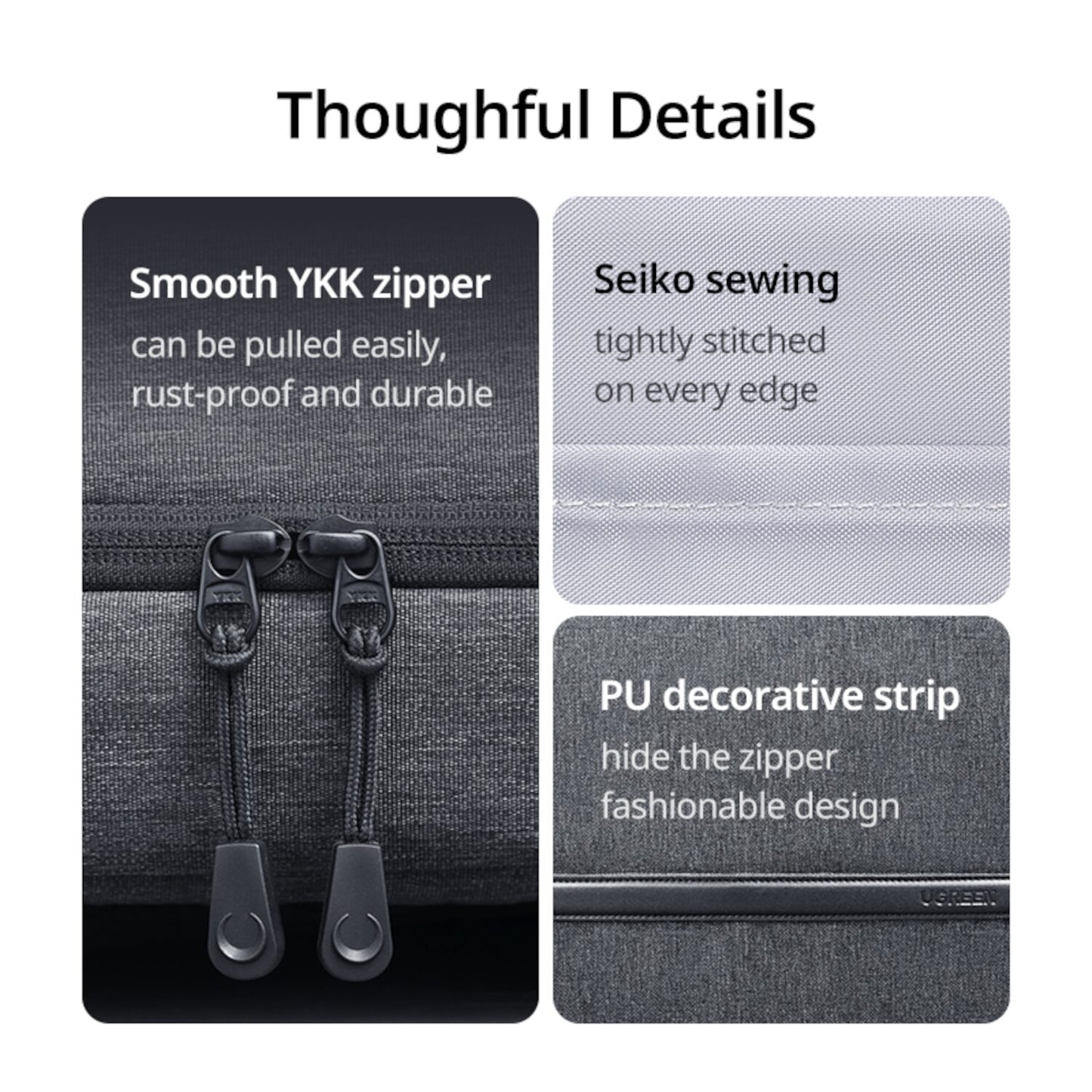 Durable YKK zippers on the UGREEN Laptop Backpack B02 (Up to 15.6", Waterproof, Wear-Resistant) enhance functionality.