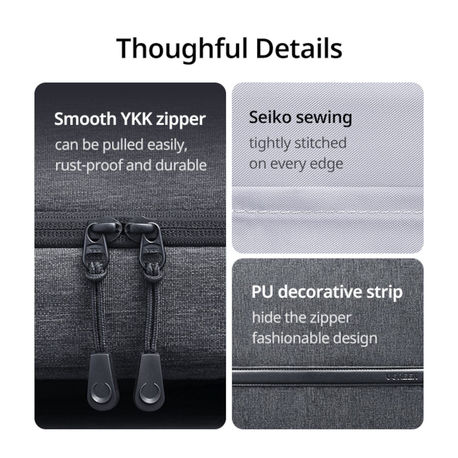 Durable YKK zippers on the UGREEN Laptop Backpack B02 (Up to 15.6", Waterproof, Wear-Resistant) enhance functionality.