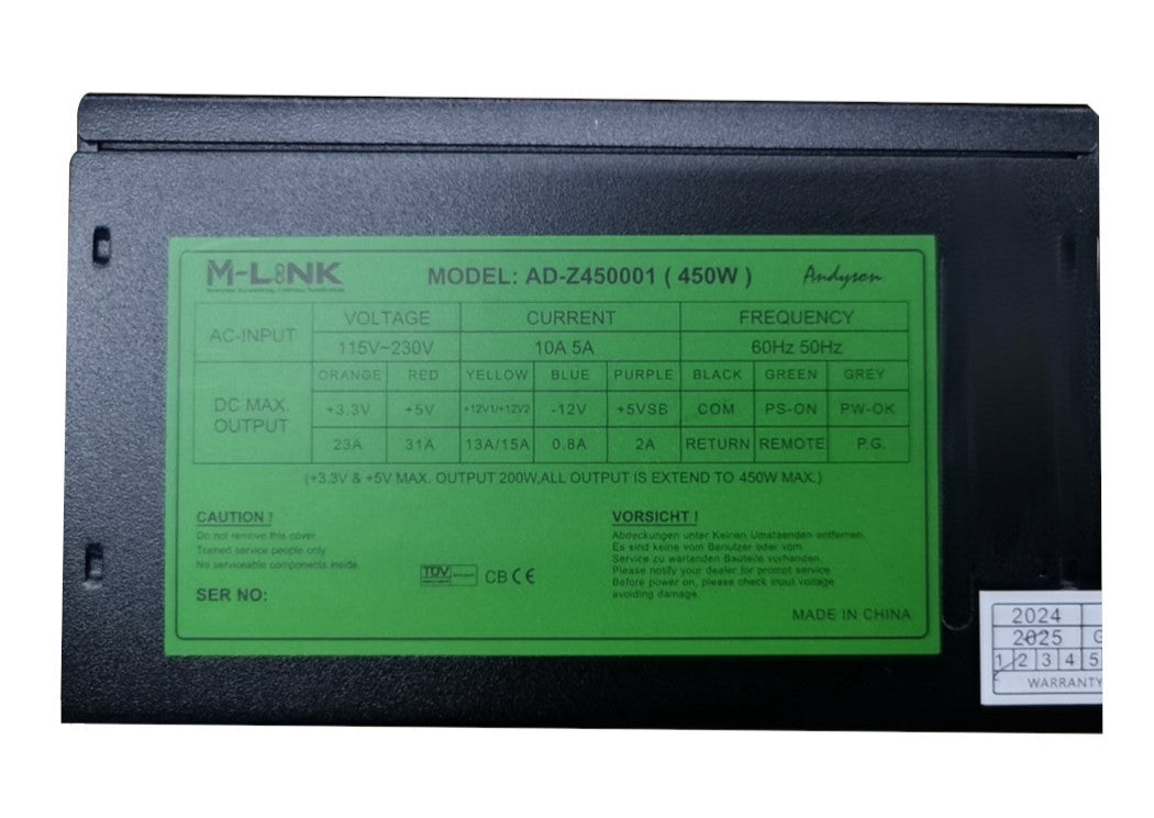 M-LINK Black 450W SATA ATX IEC Power Supply Unit -NO 8 Pin PCI-e Power ensures reliable performance for your desktop PC.