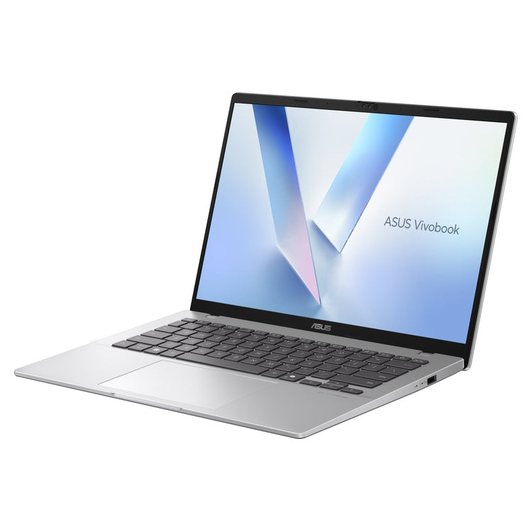 ASUS Vivobook 14 M1407GA-716512S0W Cool Silver laptop – angled screen, keyboard and side ports view