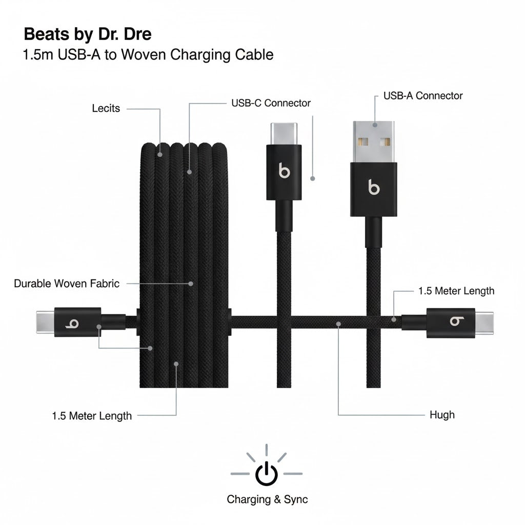 Beats by Dr. Dre 1.5m USB-A to USB-C Woven Charging Cable Bolt Black