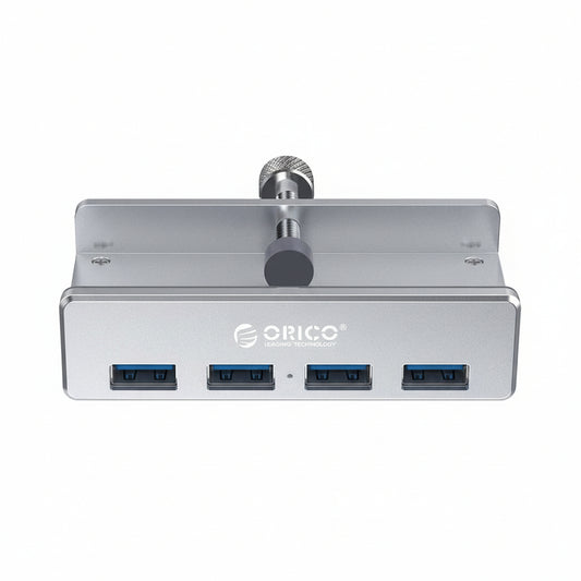Front view of the silver Orico 4-port USB 3.0 clip-on hub.

