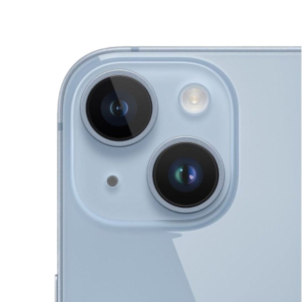 Apple iPhone 14 512GB Blue unlocked — close-up of rear dual cameras and flash, 6.1" display model
